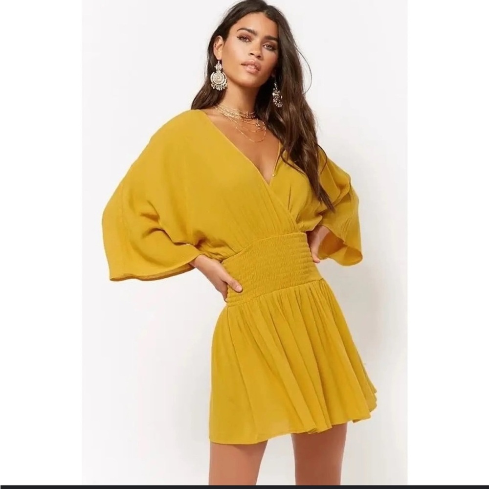 Forever 21 Contemporary Mustard Yellow Wrap Front Drop Waist Mini Dress
